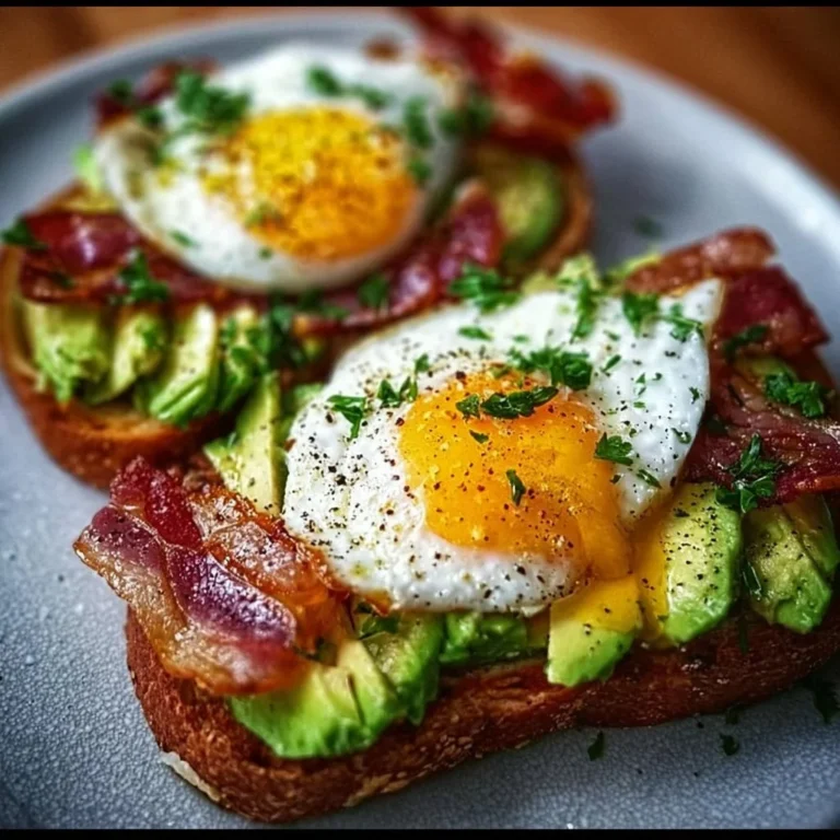 Avocado-Speck-Ei-Toast auf einem Teller mit frischen Kräutern und Gewürzen