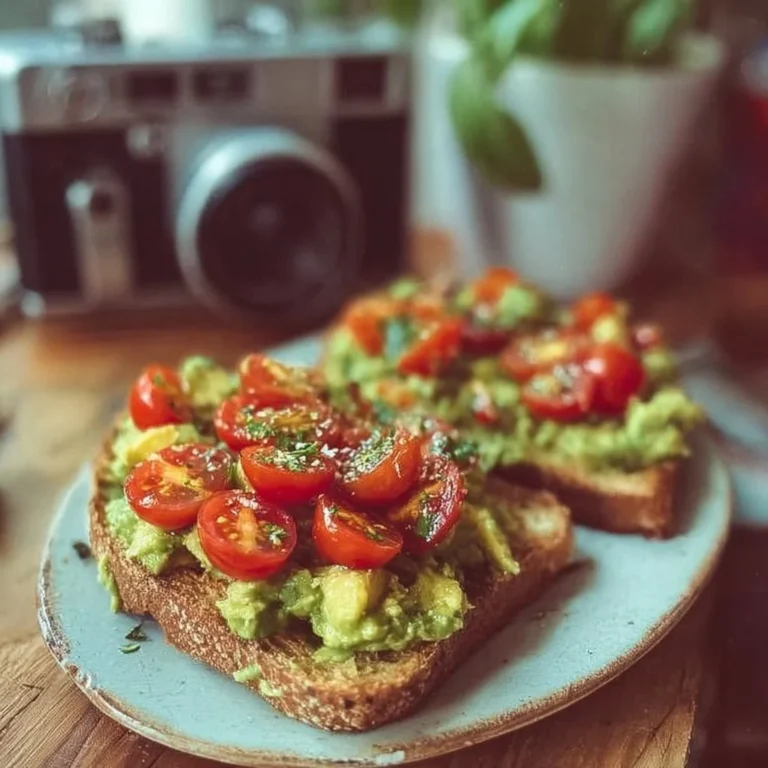 Avocadobrot mit frischen Tomaten auf einem Holzbrett angerichtet.