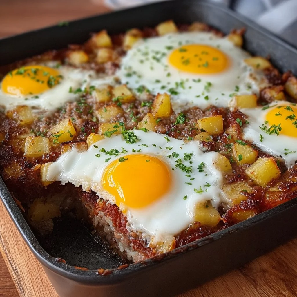 Bratkartoffel Leberkäse Auflauf mit Spiegelei