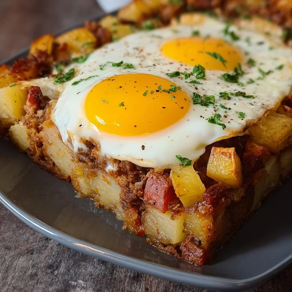 Bratkartoffel Leberkäse Auflauf mit Spiegelei