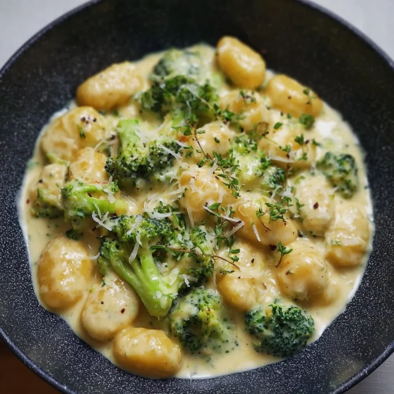 Cremige Gnocchi in Brokkoli-Sahnesoße auf einem Teller serviert