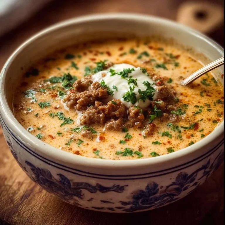 Cremige Käsesuppe mit Hackfleisch in einer Schüssel serviert