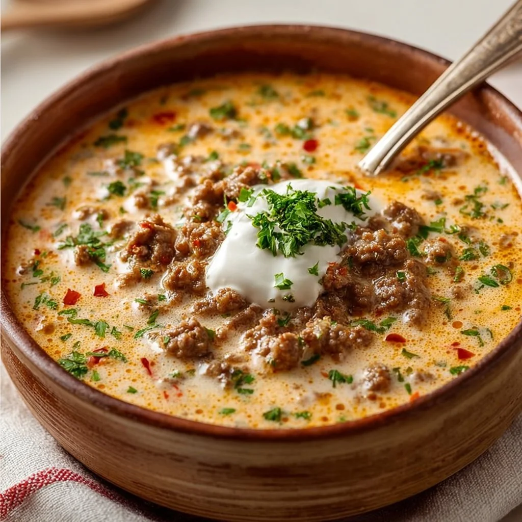 Cremige Käsesuppe mit Hackfleisch