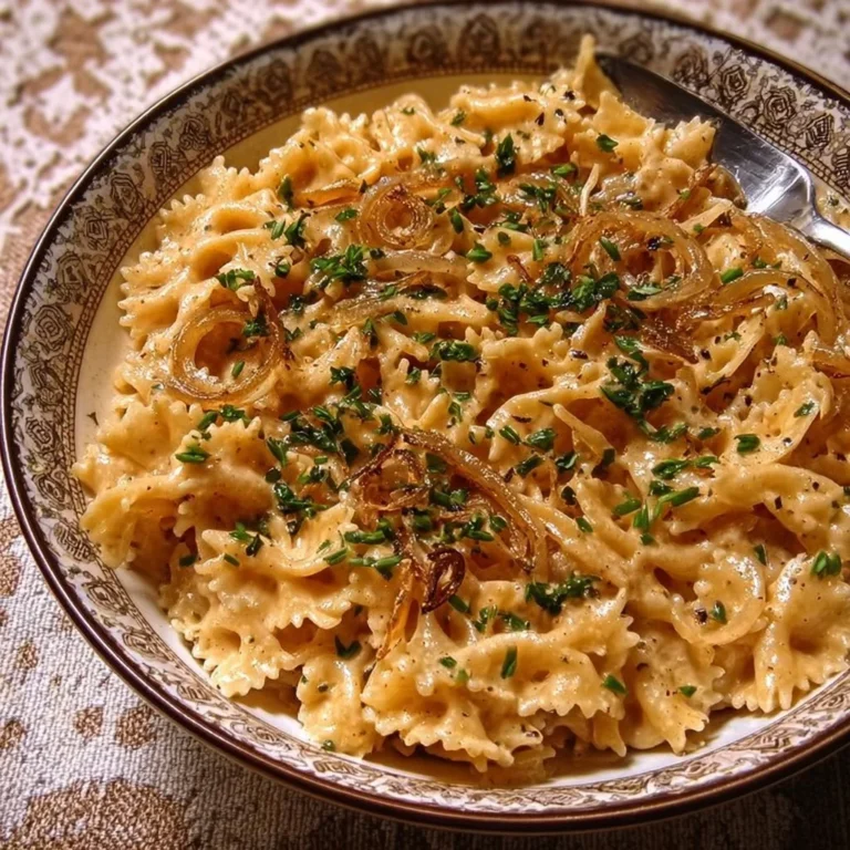 Cremige One-Pot-Zwiebel-Pasta in einem Topf serviert