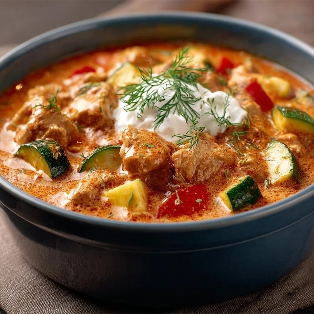 Cremiges Putengulasch mit Zucchini und Sauerrahm