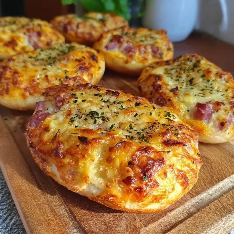 Köstliche Flammkuchen Brötchen mit traditionellem Belag auf einem Holzbrett.