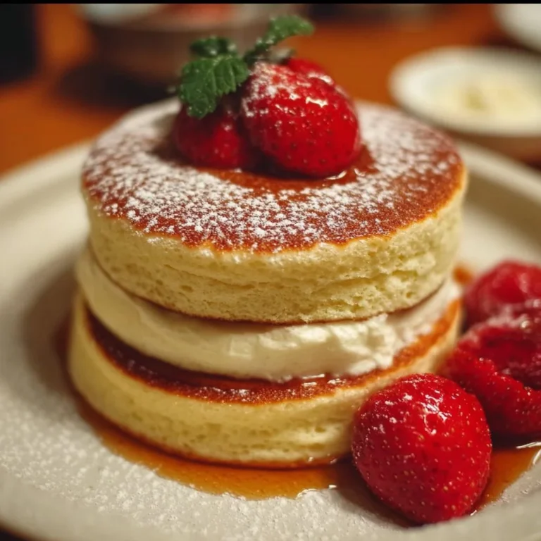 Fluffige japanische Soufflé-Pfannkuchen auf einem Teller serviert