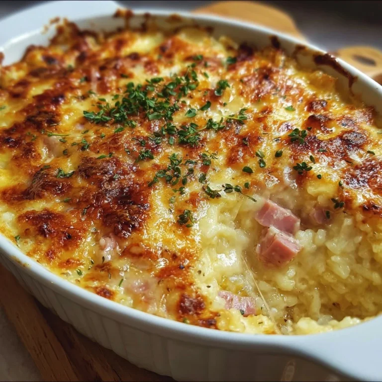 Gebackener Reis mit Schinken und Käse auf einem Teller serviert
