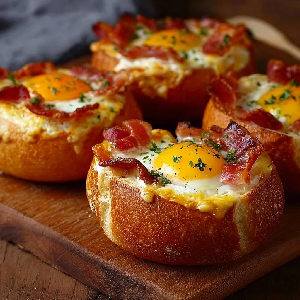 Gefüllte Frühstücksbrötchen mit Ei, Bacon und Käse