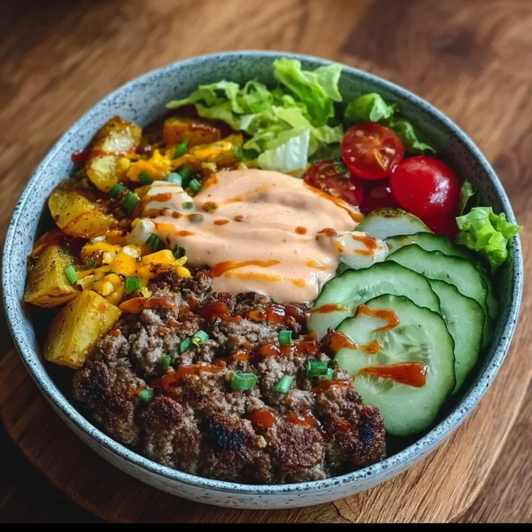 Gesunde Burger Bowl mit frischen Zutaten und köstlichen Toppings
