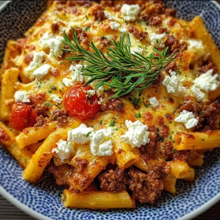 Griechischer Nudel-Auflauf mit Feta-Käse und Hackfleisch im Auflaufform