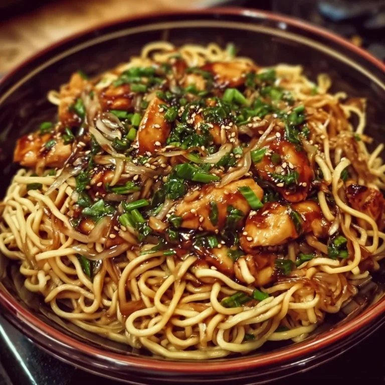 Hähnchen Teriyaki Nudeln mit Gemüse und Sauce auf einem Teller