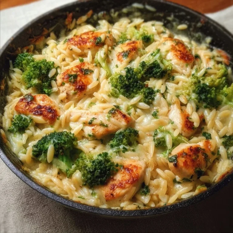Käse Hähnchen mit Brokkoli und Orzo auf einem Teller angerichtet