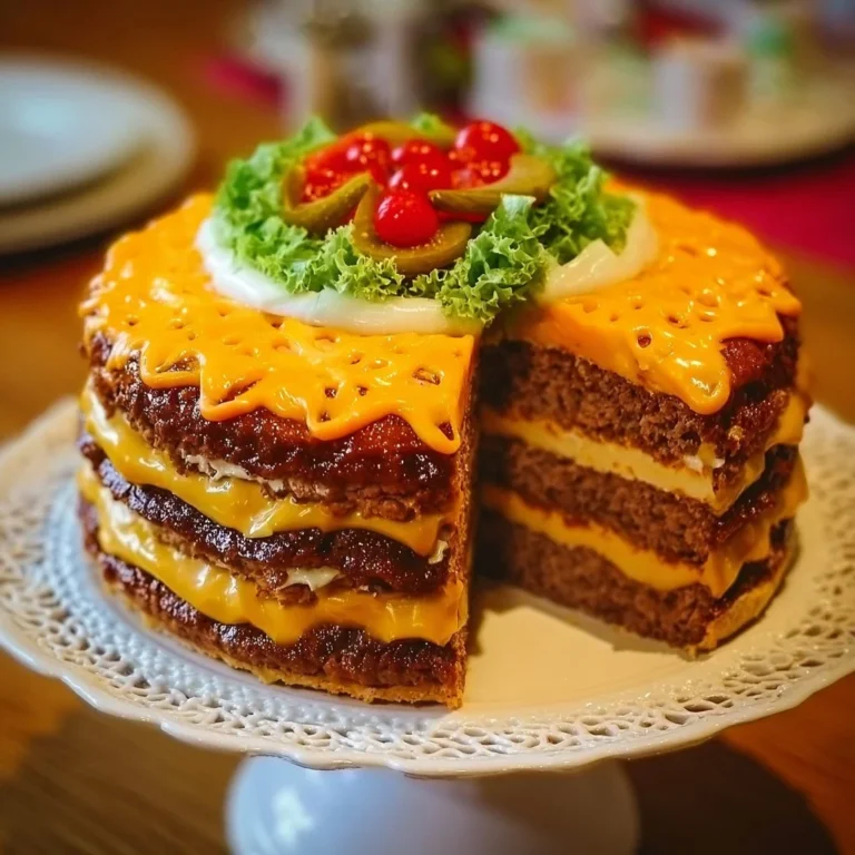 Käseburger Torte mit Käse und Burger-Style, dekorativ angerichtet