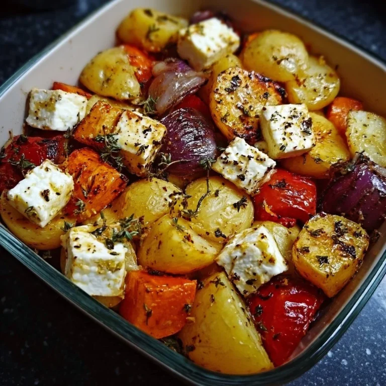 Knusprige Feta-Kartoffeln mit Ofengemüse auf einem Teller serviert.