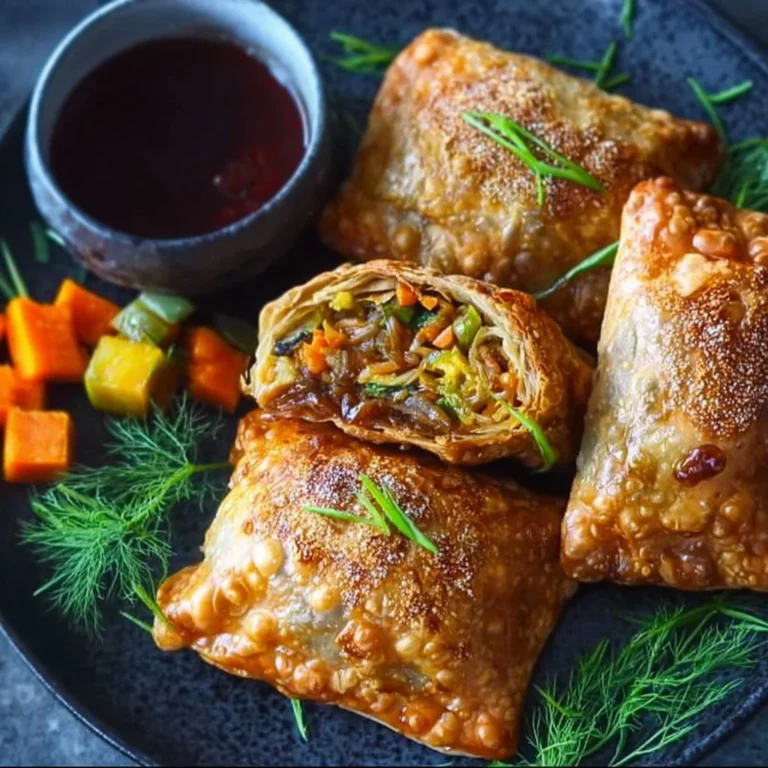 Knusprige vegane Gemüsetaschen frisch gebacken auf einem Teller
