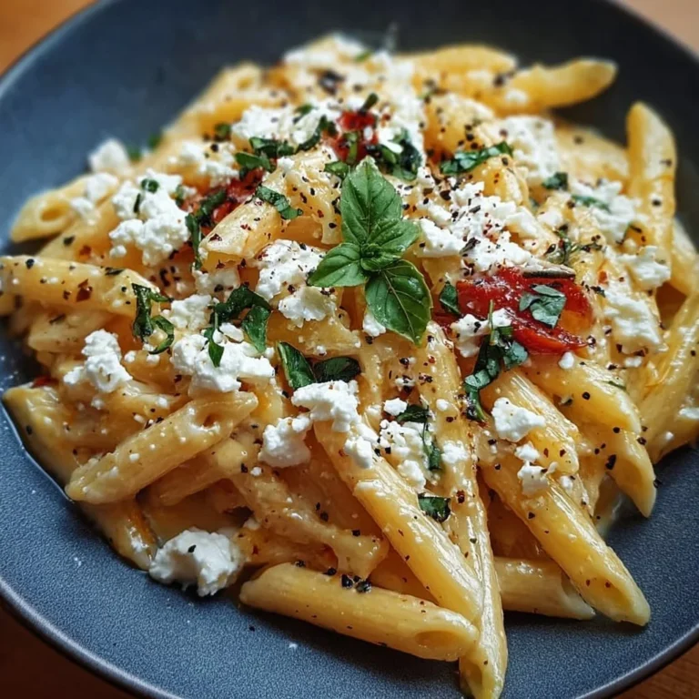 Schüssel Mediterrane Pasta mit Feta, frischen Kräutern und Gemüse.