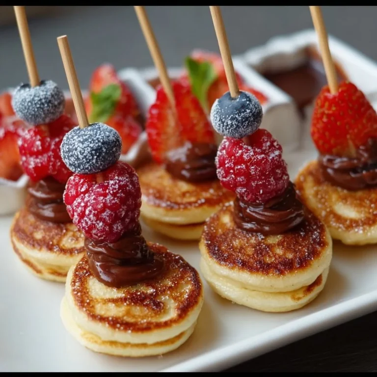 Mini-Pfannkuchen-Spieße auf einem Teller, serviert mit frischem Obst