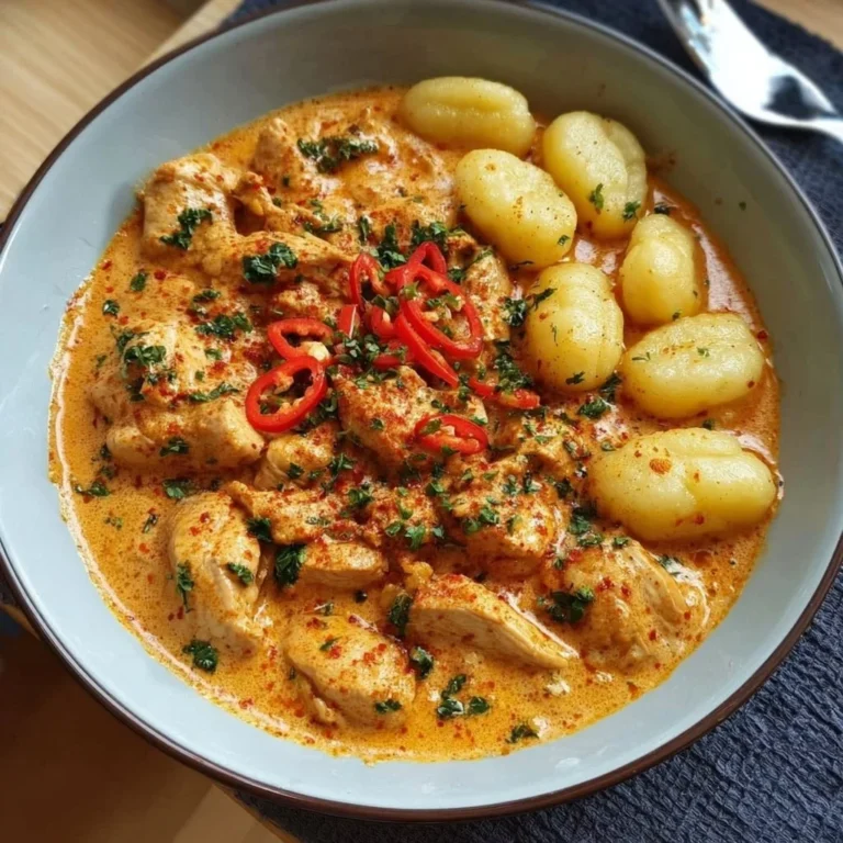 Paprika Hähnchen in Sahnesauce mit Gnocchi auf einem Teller serviert.