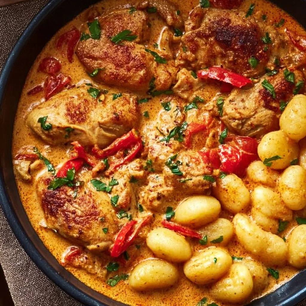 Paprika-Sahne-Hähnchen mit Gnocchi