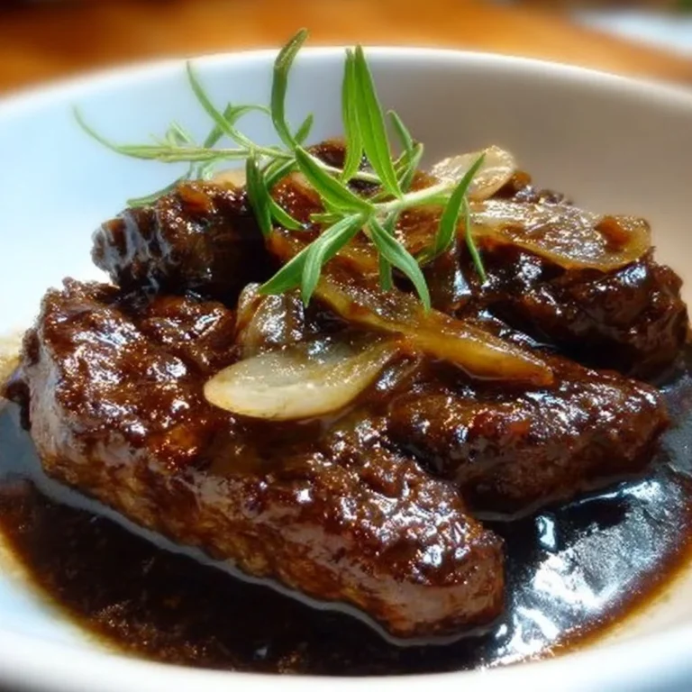 Rindfleisch in Balsamico-Zwiebel-Sauce serviert auf einem Teller
