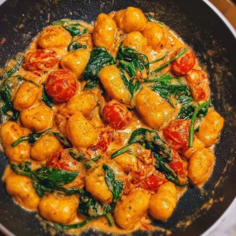 Schnelle Gnocchi-Pfanne mit Tomate und Spinat in einer Pfanne angerichtet