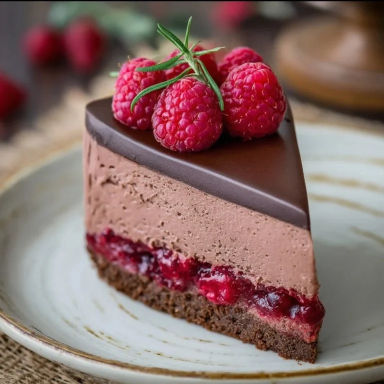 Köstliche Schokoladen Himbeer Mousse Torte auf einem eleganten Teller serviert.