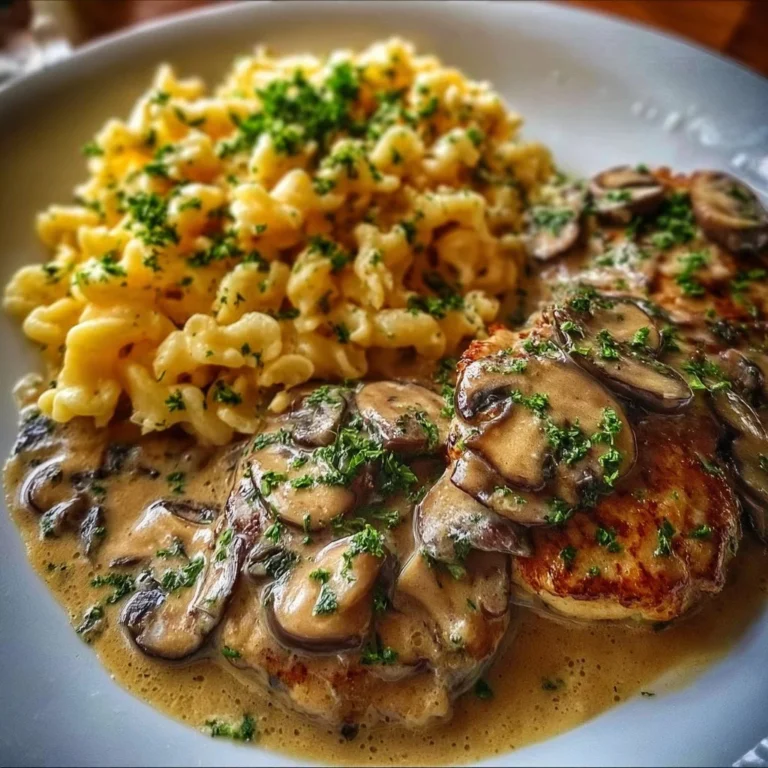 Schweinemedaillons in Champignon Rahmsoße mit Spätzle auf einem Teller