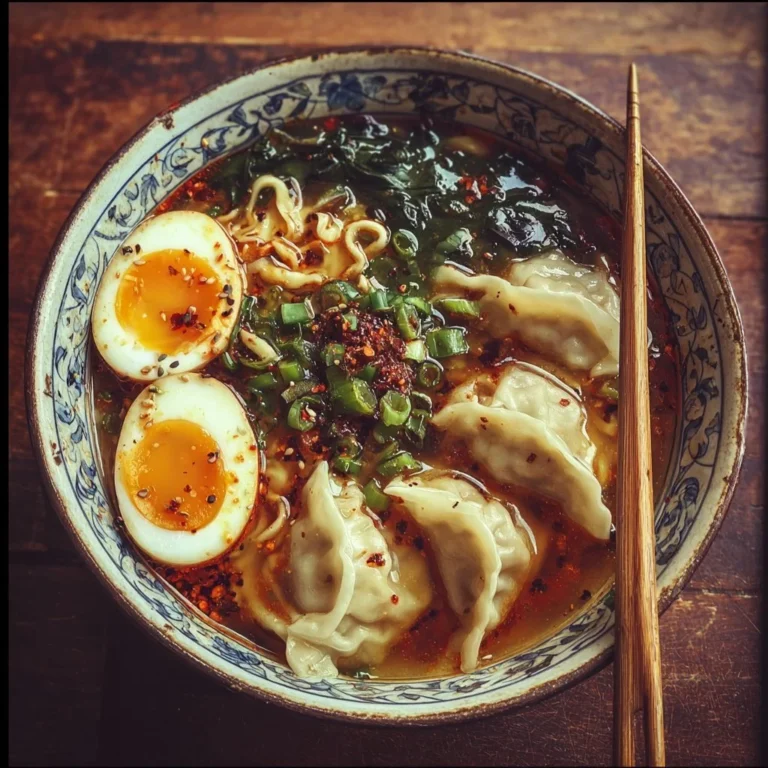 Teigtaschen Ramen Schale mit frischen Zutaten und würziger Brühe