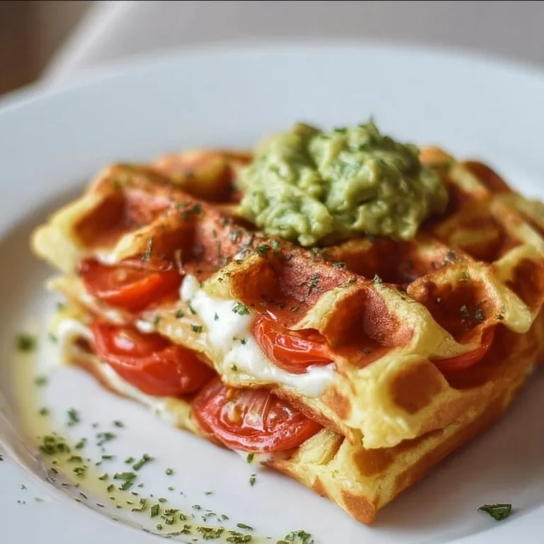 Tomaten Mozzarella Waffeln mit Avocado-Dip auf einem weißen Teller