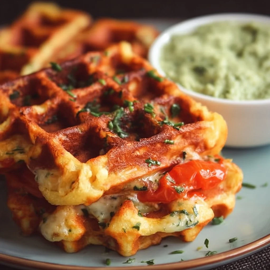Tomaten Mozzarella Waffeln mit Avocado-Dip