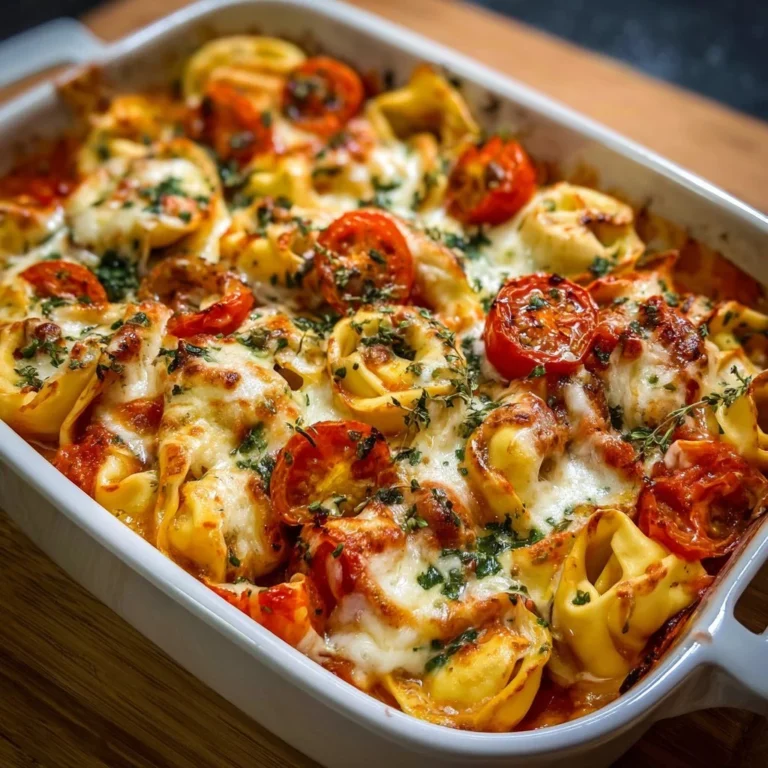 Tortellini-Auflauf mit Tomaten und Mozzarella, frisch gebacken und serviert.