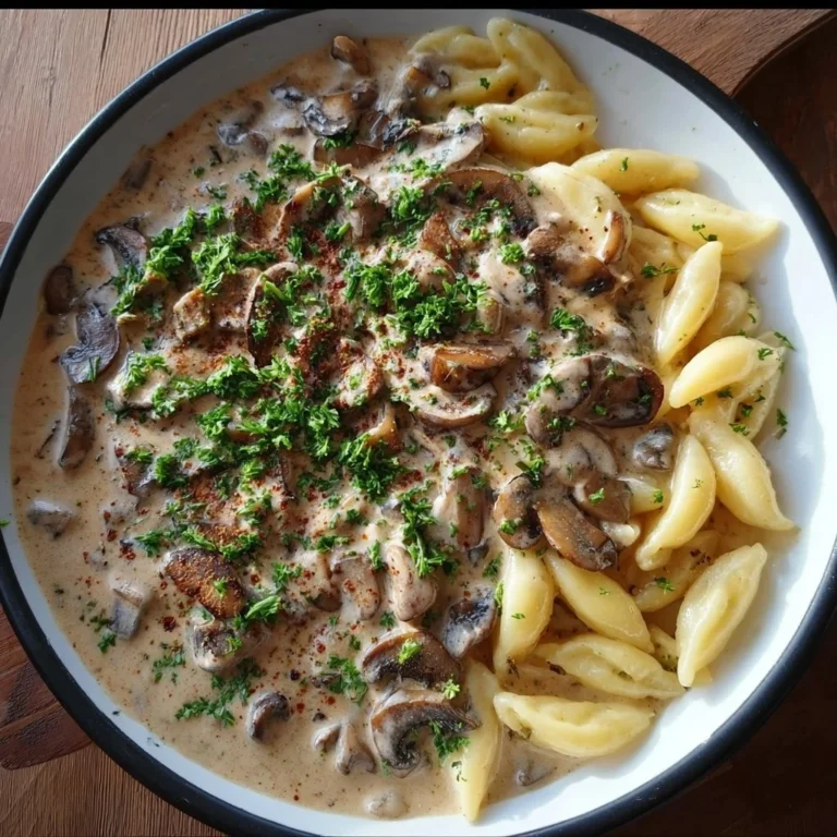 Vegetarische Pilzrahmsoße mit Schupfnudeln auf einem Teller