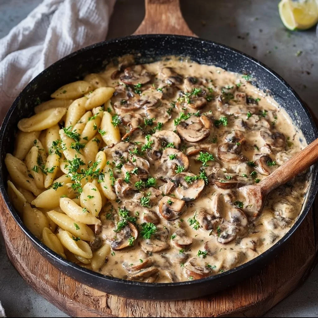 Vegetarische Pilzrahmsoße mit Schupfnudeln