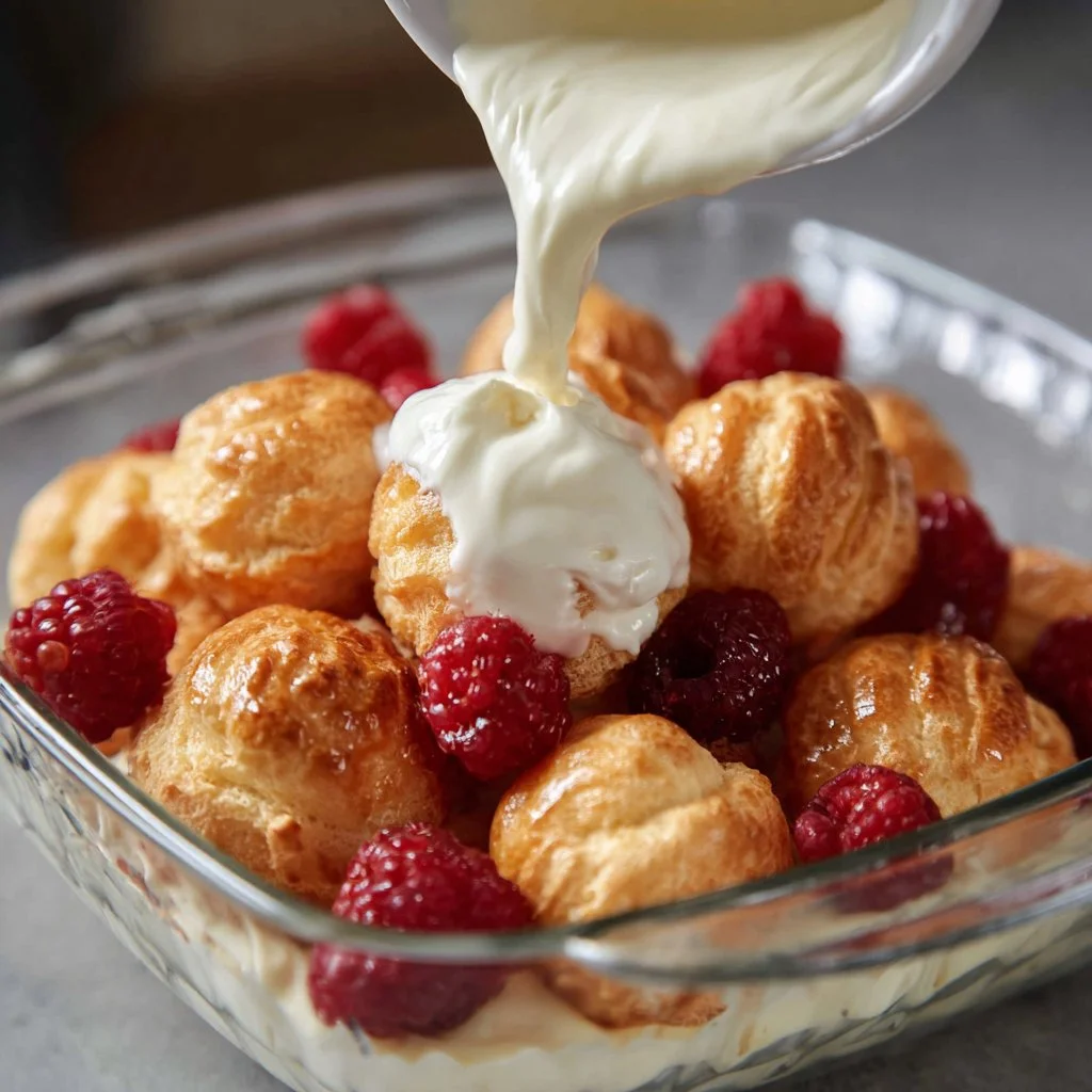 Windbeutel Dessert mit Himbeeren