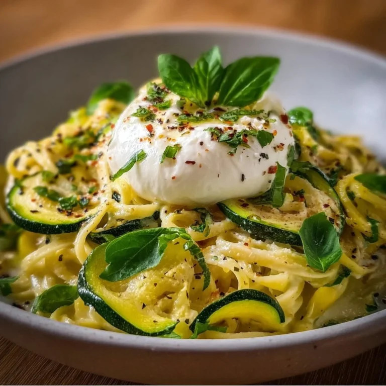 Zitronen Zucchini Pasta mit Burrata auf einem Teller serviert