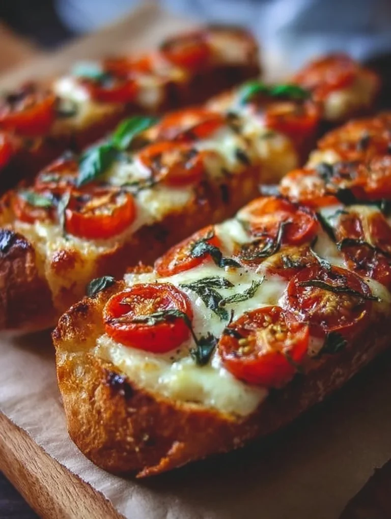 Überbackene Baguettescheiben mit Tomaten und Mozzarella auf einem Teller.