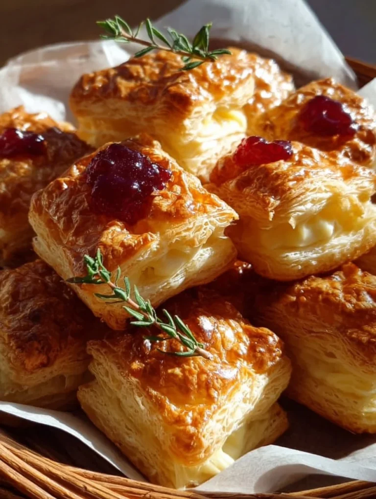 Leckere Blätterteig-Häppchen mit Camembert-Füllung auf einem Teller.