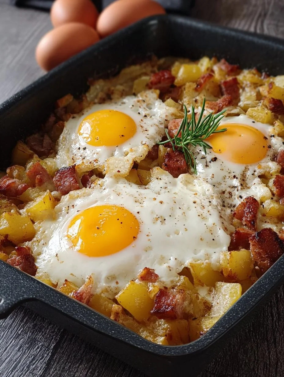 Bratkartoffel Leberkäse Auflauf mit Spiegelei