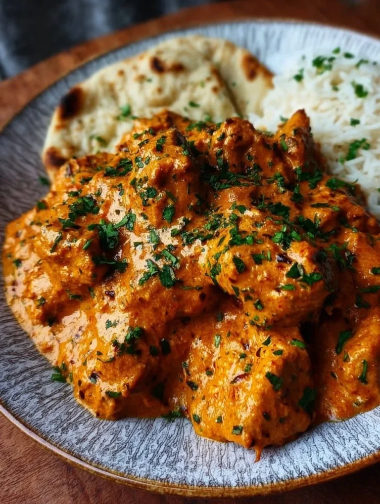 Butterhähnchen Gericht mit cremiger Sauce und Gewürzen, serviert mit Reis.