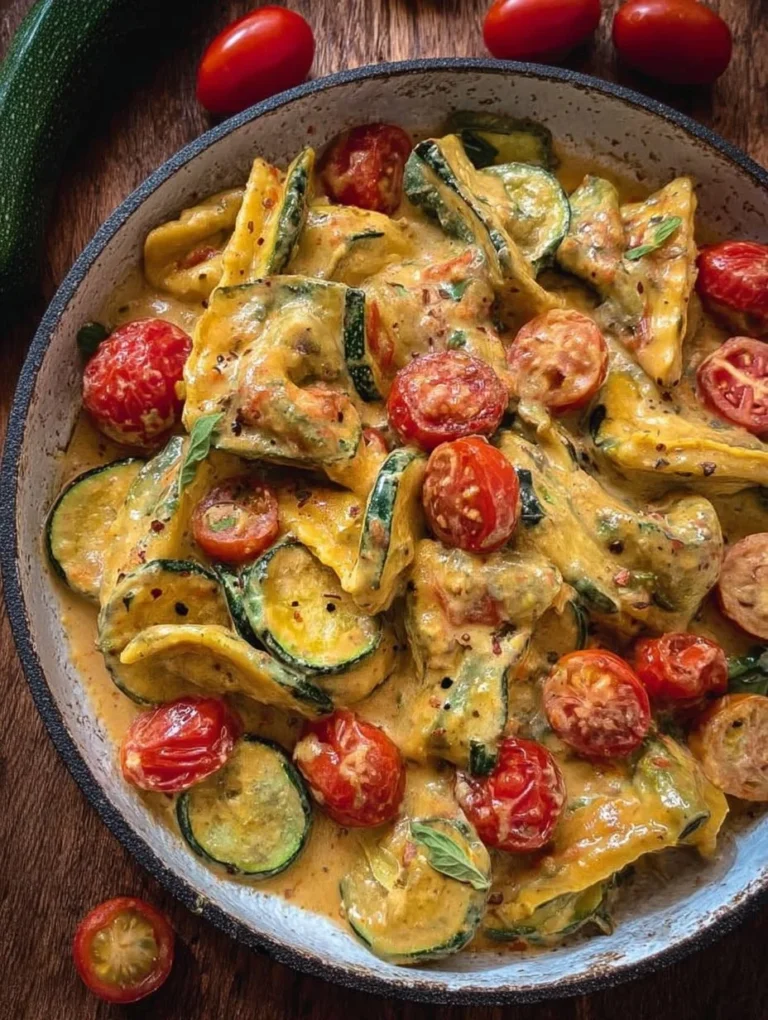 Cremige Maultaschenpfanne mit Zucchini und Tomaten auf einem Teller