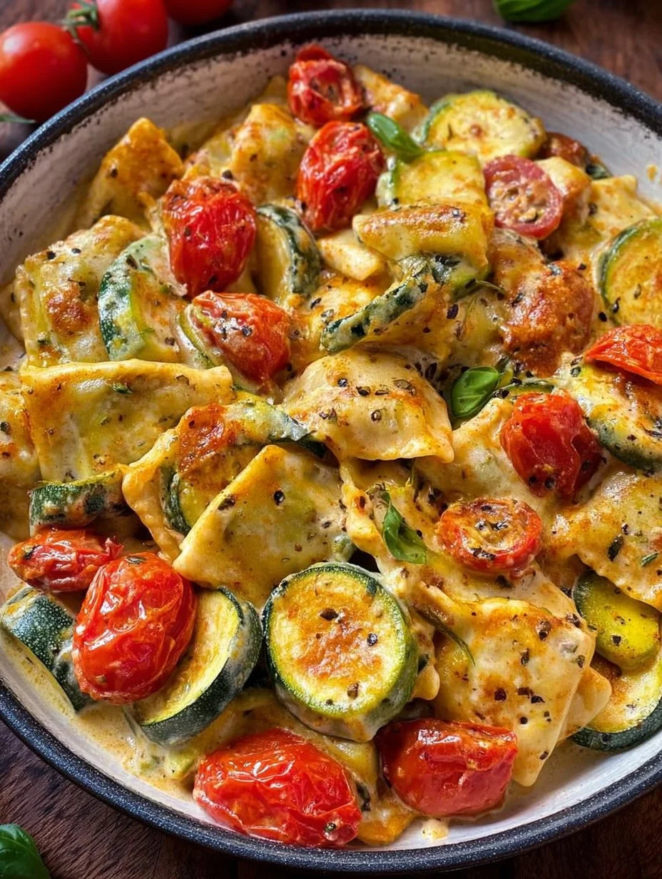 Cremige Maultaschenpfanne mit Zucchini und Tomaten