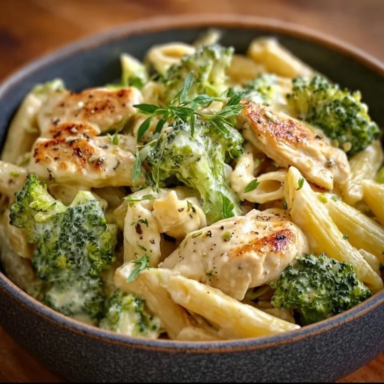 Cremige Pasta mit Hähnchen und Brokkoli auf einem Teller serviert