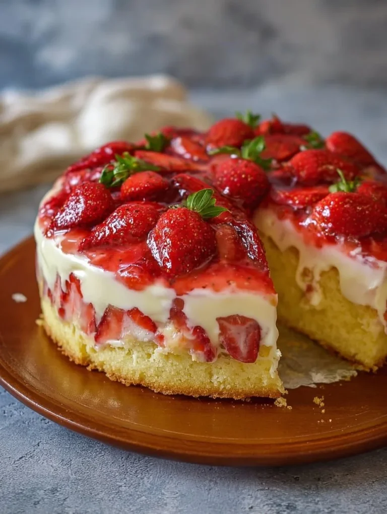 Cremiger Erdbeer-Schmandkuchen mit Vanillepudding auf einem weißen Teller
