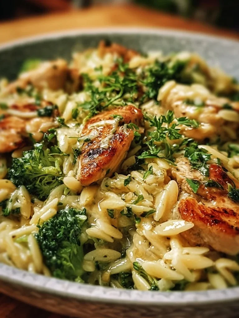 Cremiges Hähnchen-Brokkoli-Orzo Gericht mit frischen Zutaten