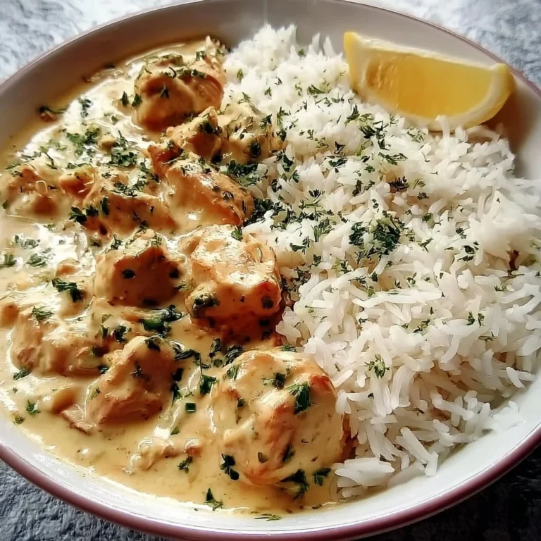 Cremiges Hähnchen mit Reis auf einem Teller serviert