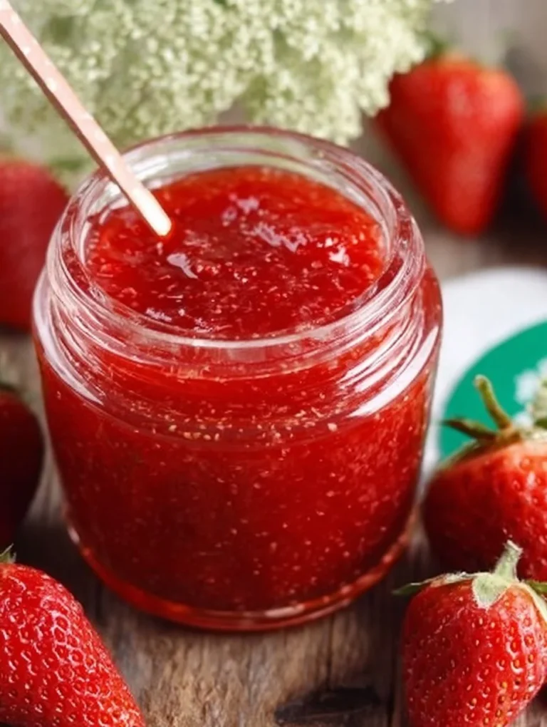 Glas Erdbeer-Holunderblüten-Marmelade auf einem Tisch dekoriert mit frischen Erdbeeren