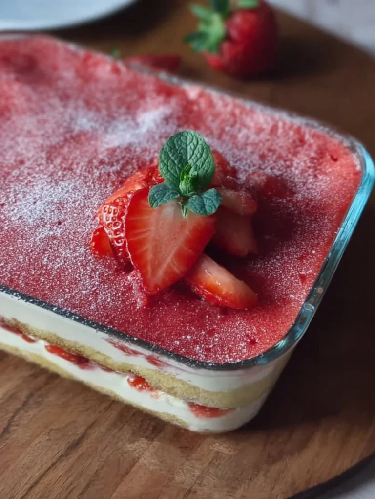 Leckeres Erdbeer Tiramisu mit frischen Erdbeeren und Mascarpone-Creme.