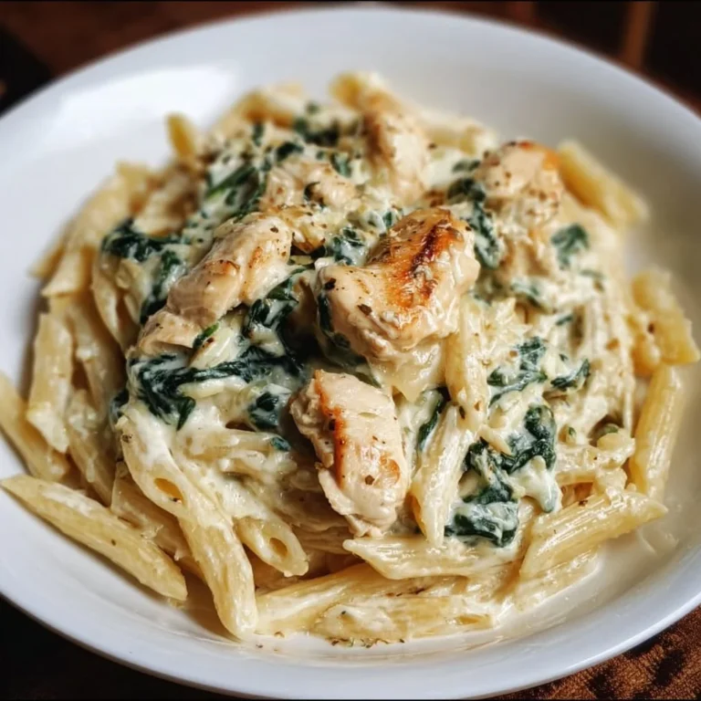 Frischkäse Spinat Hähnchen Pasta in einer Schüssel mit frischen Kräutern