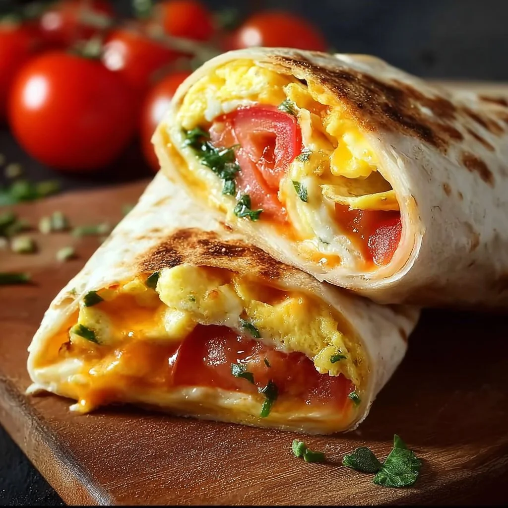 Frühstückswrap mit Ei, Käse und Tomaten